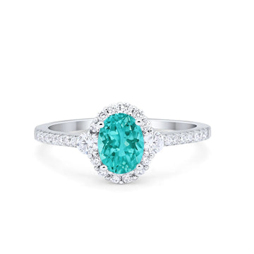 Art Deco Halo Oval Wedding Ring Simulated Paraiba Tourmaline CZ 925 Sterling Silver